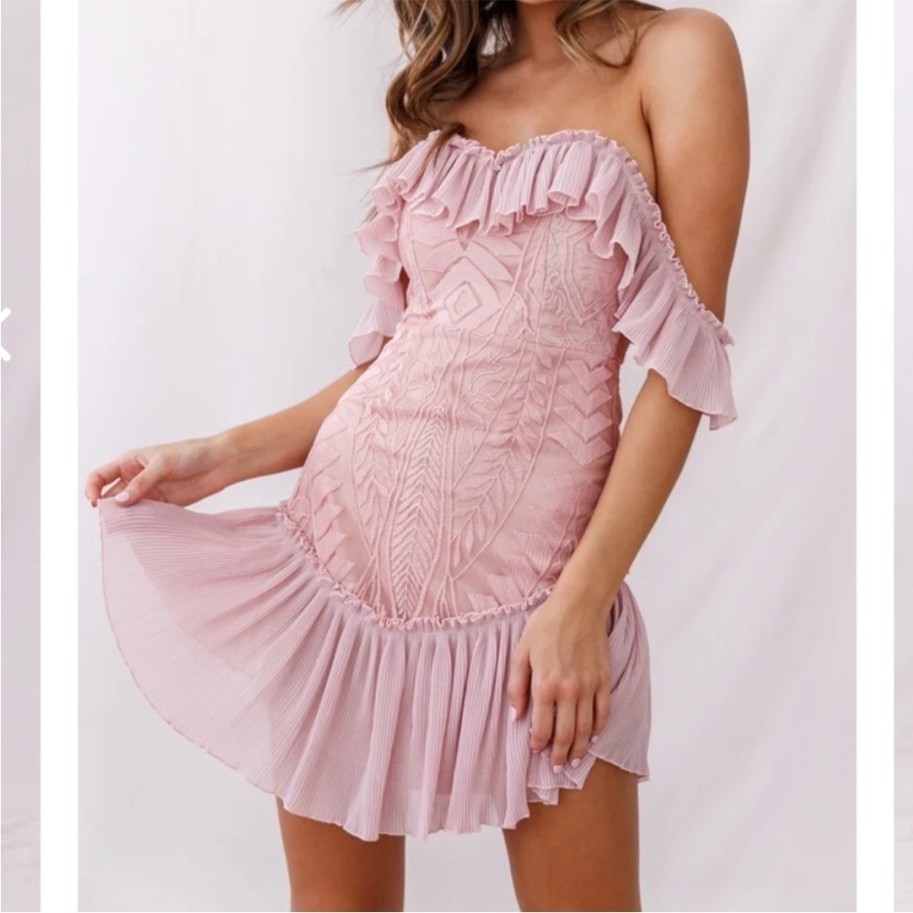 Saints + Secrets Blush Pink Embroidered Micro Pleated Dreamy Mini Dress
